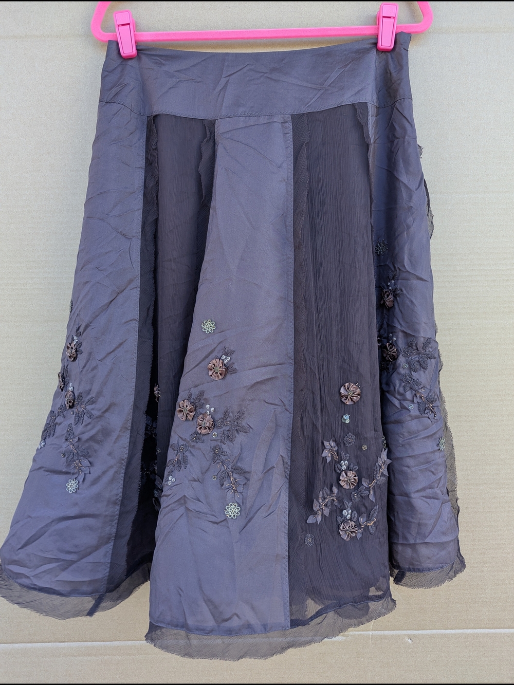 Fairy Whimsigoth Embroidered Skirt 100% Silk Ethereal Cottagecore Medium Brown